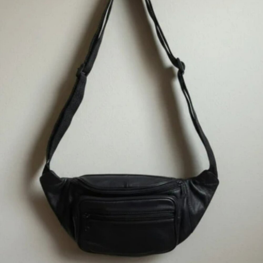 90s Vintage Black Genuine Leather Fanny Pack - Streetwear Minimalist Waist Bag